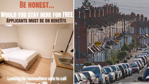 An advert asking for saying "looking for somewhere safe to call home" alongside an image of houses on a residential street