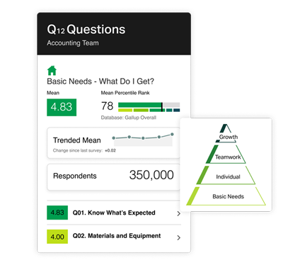 Gallup Access dashboard showing Q12 employee engagement results alongside Gallup’s engagement hierarchy.