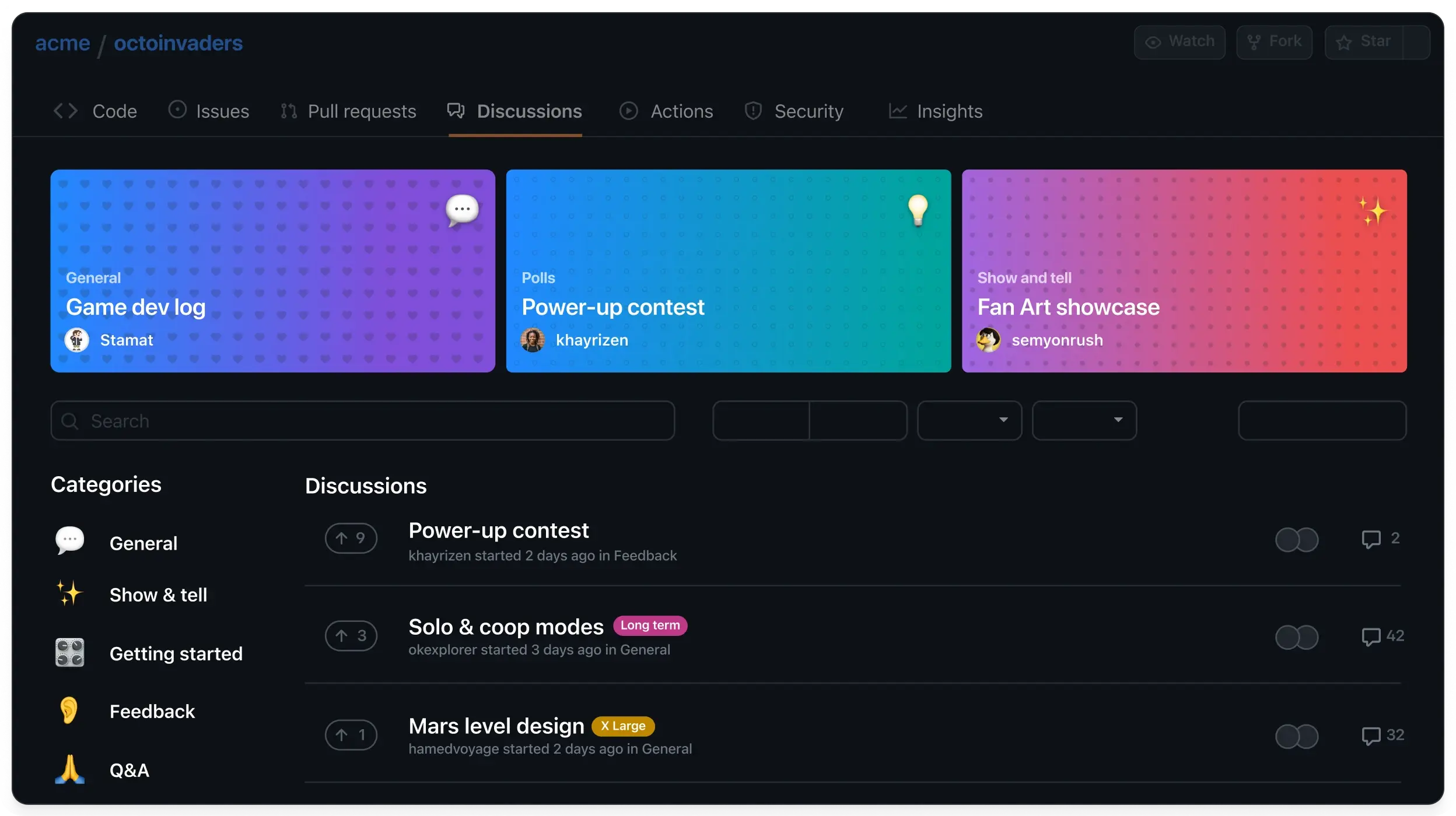 The image is a screenshot of a discussion board interface with a dark theme. The top section features three colorful cards labeled "Game dev log," "Power-up contest," and "Fan Art showcase." Below these cards, categories are listed on the left side, including General, Show & tell, Getting started, Feedback, Q&A, Game Design, Art & Design. The main section displays discussions under various topics such as "Power-up contest," "Solo & coop modes," and "Mars level design." Each discussion entry includes icons for comments and likes.
