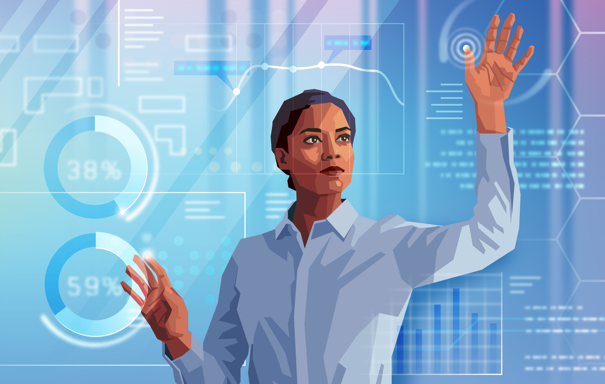 A digital illustration of a woman in a business shirt interacting with futuristic data holograms, including charts, graphs, and interface elements, set against a blue high-tech background.