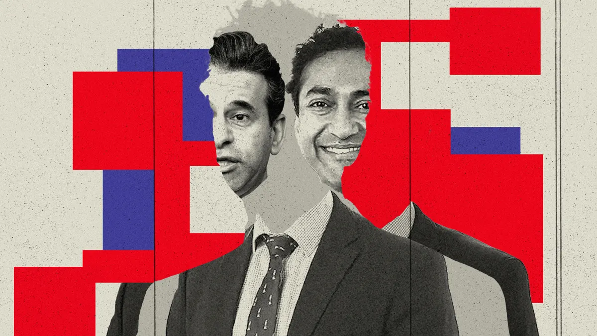 Stylized graphic of Vinay Prasad and Martin Makary in black and white, their faces split and partially overlaid with bold red and purple geometric shapes.