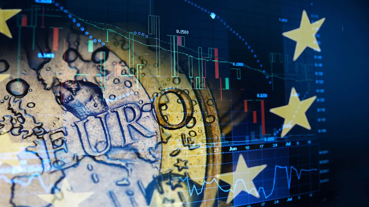 A stock market investment screen is imposed over a euro coin.