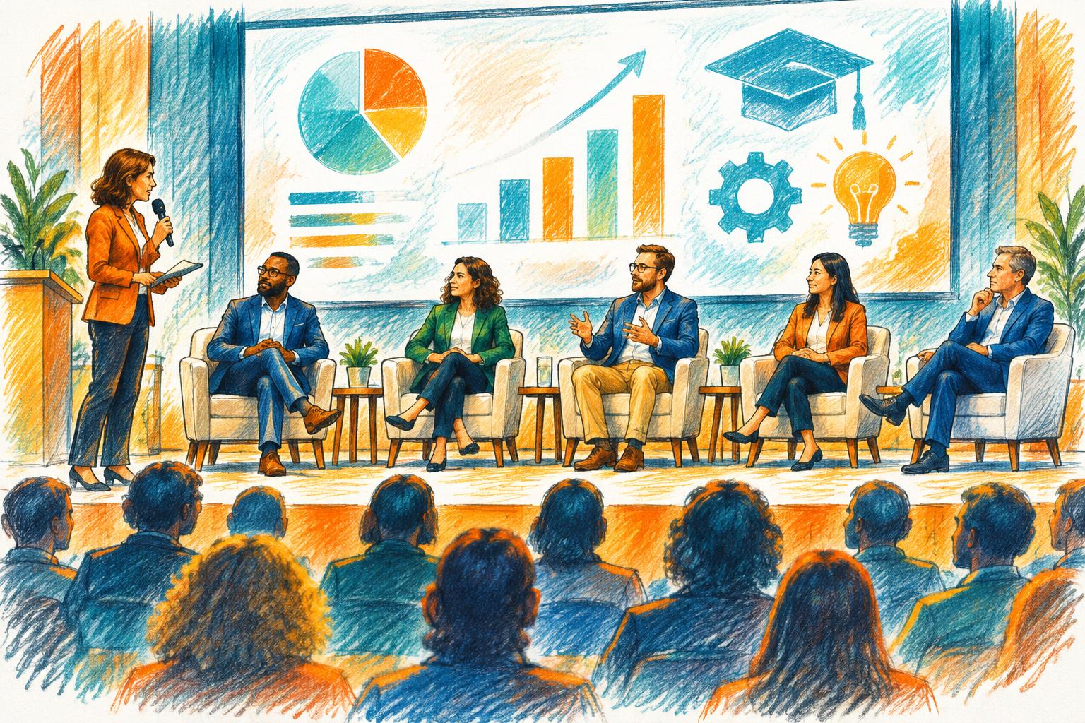 Illustrazione a matita e colori di un panel di relatori sul palco durante un convegno sugli ITS Academy