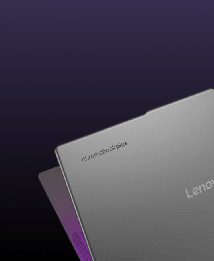 Silver Chromebook Plus laptop with Lenovo branding, against a dark purple background.