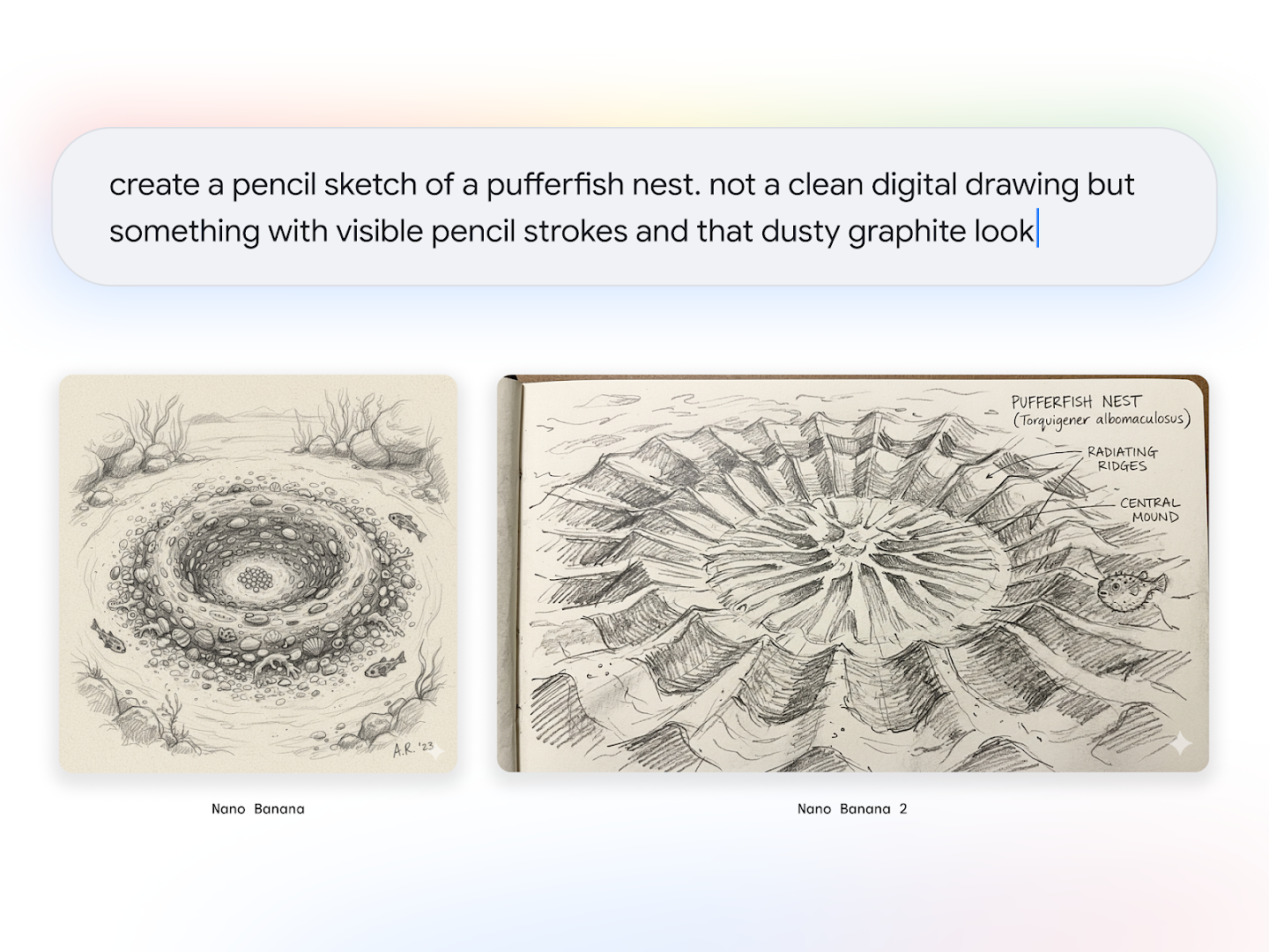 A side-by-side comparison of two graphite pencil sketches showing different interpretations of a pufferfish nest: one a less accurate, textured, shell-lined crater and the other a more accurate geometric, scientific diagram in a field notebook with handwritten annotations.