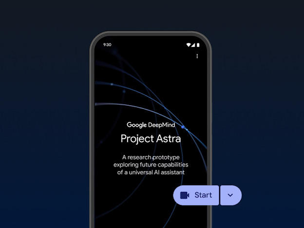 A smartphone displaying the "Project Astra" splash screen by Google DeepMind, described as a "research prototype exploring future capabilities of a universal AI assistant," with a purple "Start" button.