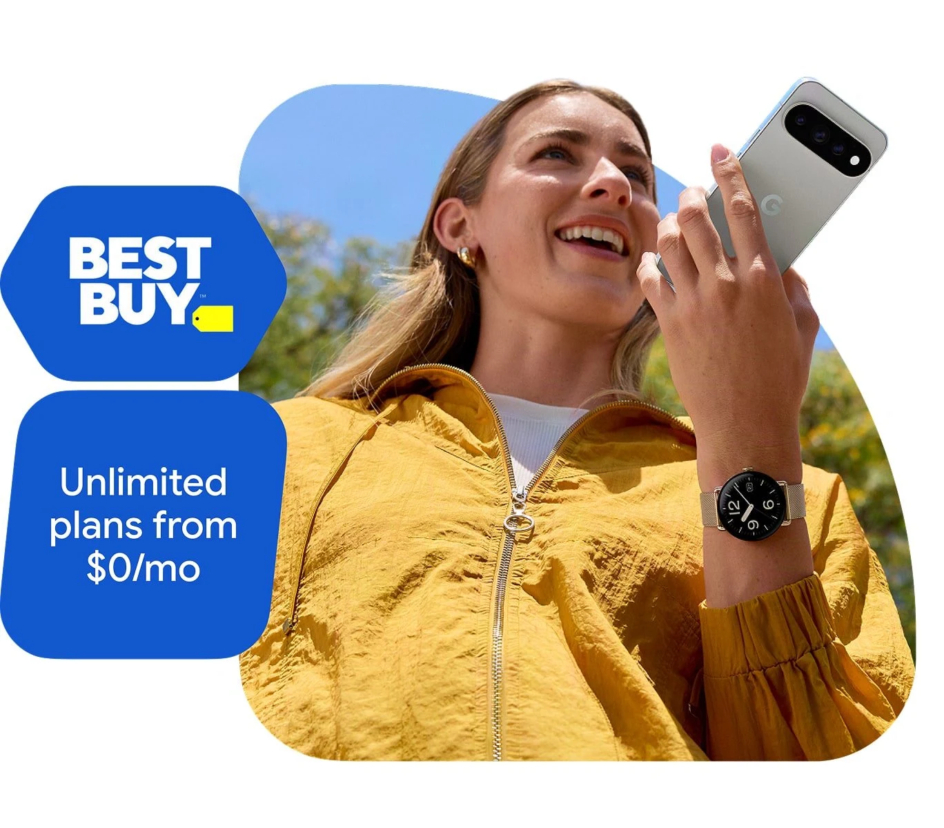 A person standing outdoors talking into a Google Pixel 11 Pro in Fog. Wearing a yellow rain jacket and a Google Pixel Watch 5 with a Champagne metal mesh band. The Best Buy logo and text box reading: Unlimited plans from $0/mo, overlay the image.