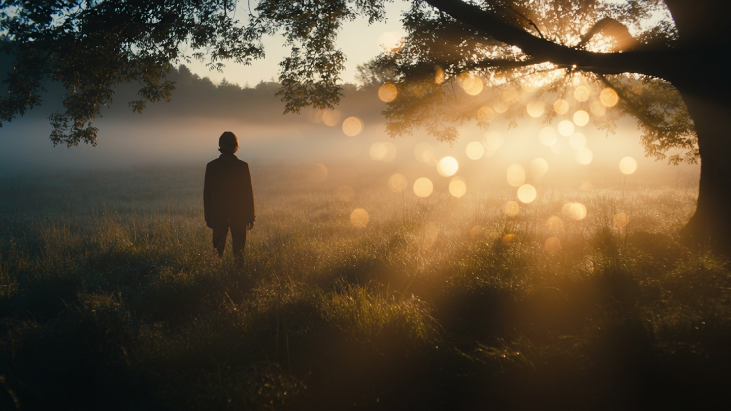 A cinematic shot of a silhouetted figure standing in a misty grassy field at sunrise, with warm golden light and lens flare filtering through tree branches.