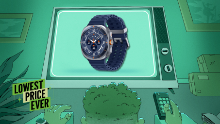 Man watching television screen displaying a Samsung Galaxy Watch Ultra. 