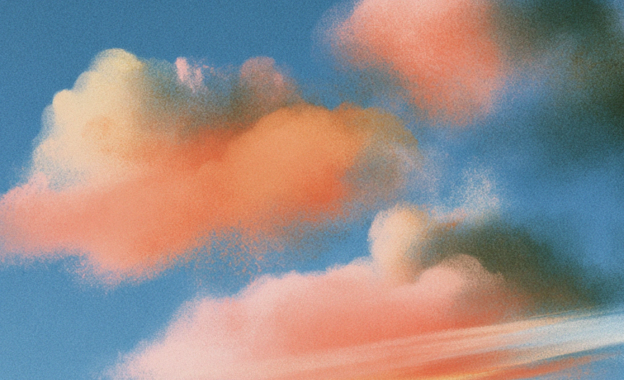 A digital illustration of textured pink and orange clouds against a blue sky.