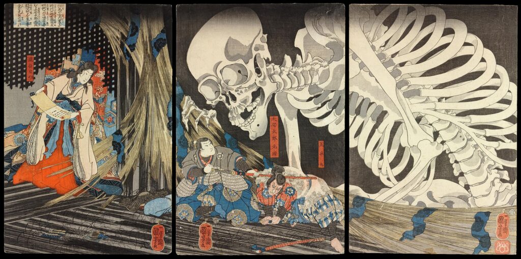 A three-panel Japanese woodblock print. On the left panel, a woman in flowing traditional robes holds a scroll beside a damaged bamboo blind. Dominating the upper center and right panels is a massive skeleton looming from the darkness, its oversized skull looking downward. In the lower center panel beneath the skeleton, two warriors react: one sits holding a drawn sword, while the other crouches low to the wooden floor.