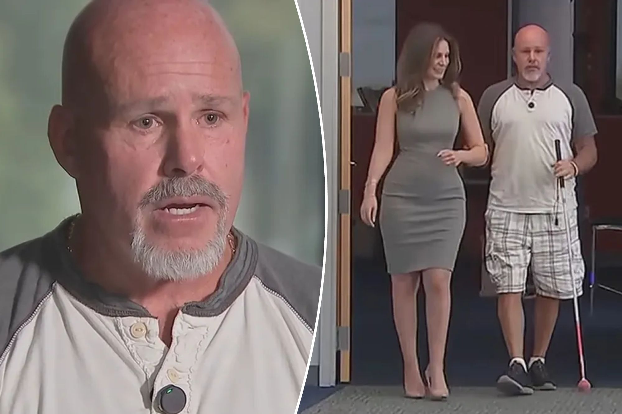 An image collage containing 2 images, Image 1 shows Edward Gillen, who is suing the maker of Ozempic after alleging the drug caused him to go permanently blind, Image 2 shows Edward Gillen, who lost his vision, walking with a woman while holding a white cane