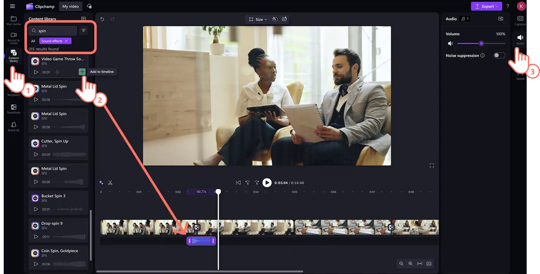 A user adding sound effects to the spin transition in Clipchamp video editor.