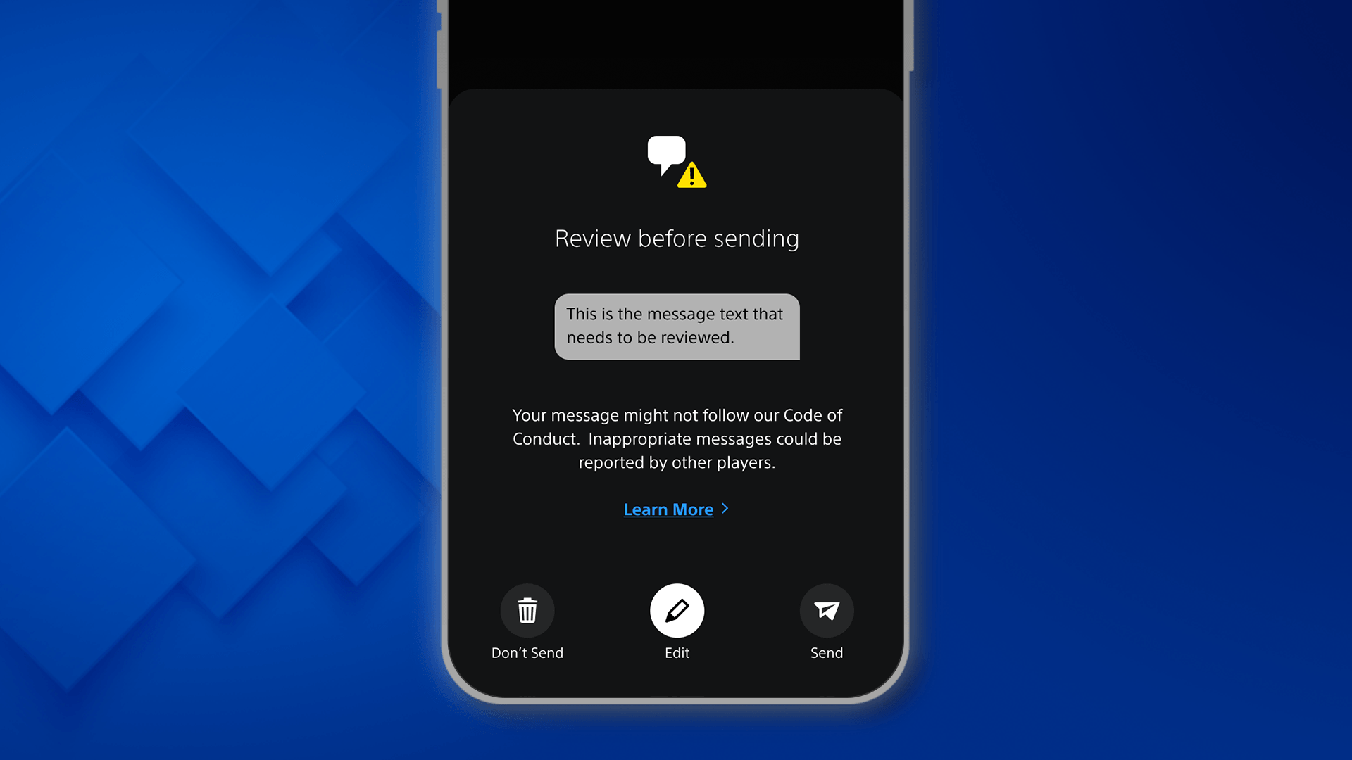 A smartphone mockup screen shows the the Nudge feature working, encouraging a player to review their message before sending, as it may be inappropriate and may not follow the PlayStation code of conduct.