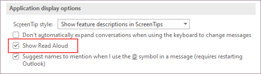 Application display options with the Show Read Aloud checkbox selected.