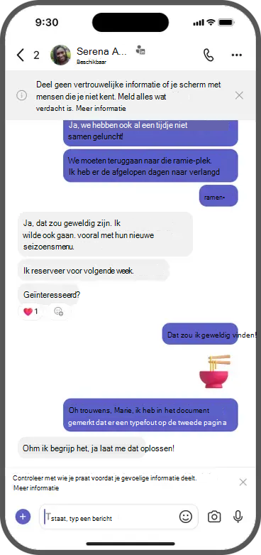 Deel geen vertrouwelijke informatie of je scherm met mensen die je niet kent. Meld alles wat verdacht is. Meer informatie.