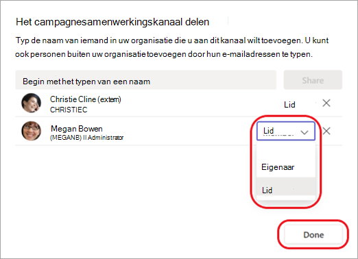 Schermafbeelding van het wijzigen van een kanaallid in een kanaaleigenaar