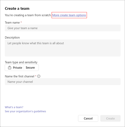 Een schermafbeelding van de optie om een team te maken. Het bevat velden voor teamnaam, beschrijving, type, gevoeligheid en kanaalnaam. Selecteer Meer opties voor het maken van een team om een team te maken op basis van een sjabloon of een bestaande groep of een bestaand team.