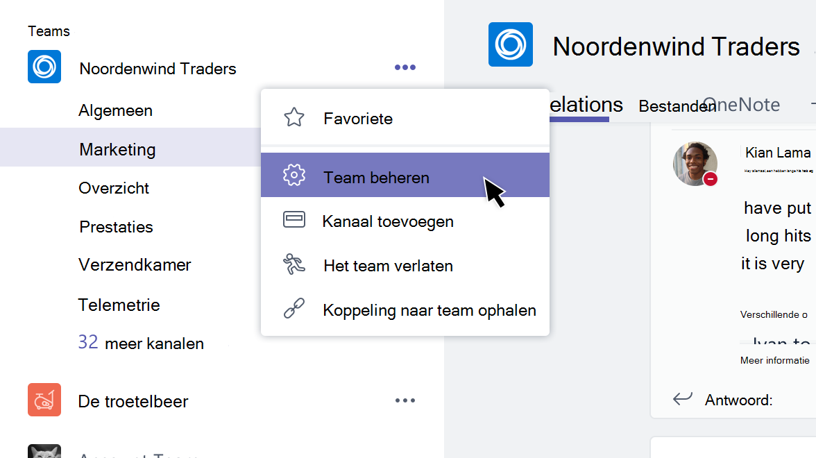 Het menu Team waarin Team beheren is geselecteerd