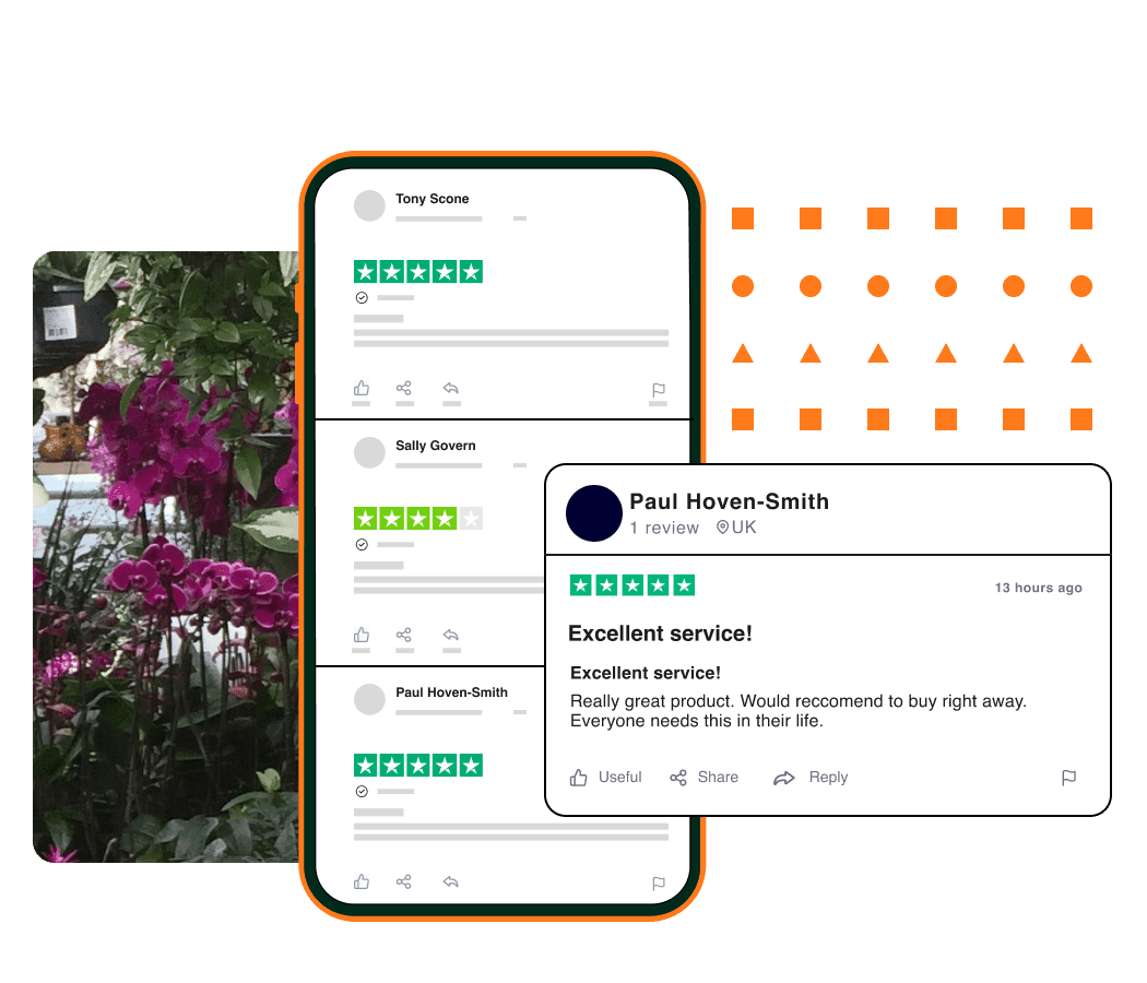 A graphic of a smartphone showing a stack of Trustpilot reviews with one 5 star review highlighted
