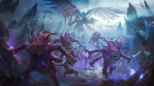 Purple demonic creatures charge through a dark, stormy battlefield with glowing eyes and weapons. — War Wallpaper