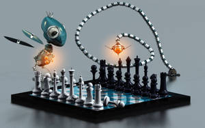 Robot jugando ajedrez con orbe brillante oponente en tablero reflectante — Fiesta Fondos de pantalla