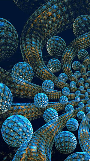 Esferas azules brillantes y tubos dorados forman un patrón fractal complejo en arte digital. — 3D Fondos de pantalla