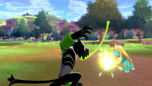 Dois Pokémon lutando em um campo gramado com um disparando um ataque de energia brilhante. — Pokémon Papéis de Parede