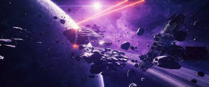 Futuristic spaceship flying through purple asteroid field near glowing planet with laser beams. — Planet Wallpaper