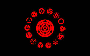 Simbol Sharingan merah tersusun melingkar di atas latar hitam — Naruto Wallpaper
