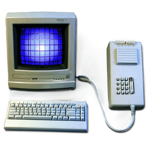 Computadora vintage beige con pantalla de cuadrícula azul, teclado y módem sobre superficie gris — Multimedia Fondos de pantalla