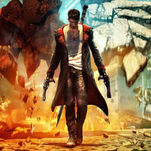 Un personaggio di un videogioco in un cappotto rosso che tiene pistole in una rovina infuocata. — Dmc Sfondi