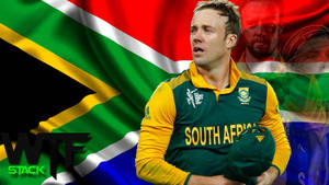 South African cricket player in team uniform holding cap against national flag. — Challengers Wallpaper