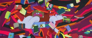Komposisi abstrak yang hidup dari bentuk geometris dan figur yang melayang. — Kaws Wallpaper