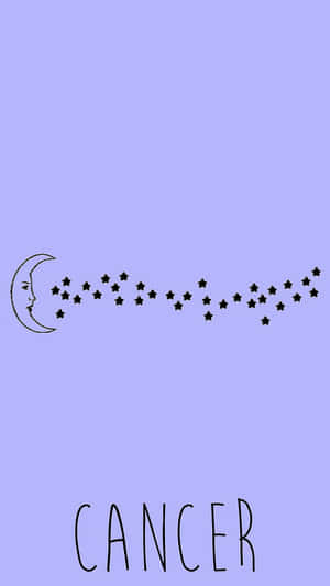 A crescent moon blowing stars with the word cancer below on lavender background. — Astro Wallpaper