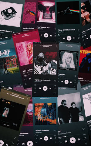 Overlapping smartphone screens showing music apps with album art and playback controls. — Music Wallpaper