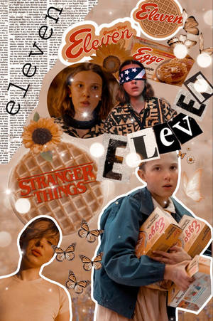 Eleven fra Stranger Things holder Eggo-vafler med sommerfugler og show-tekst. — Aesthetic Bakgrunner