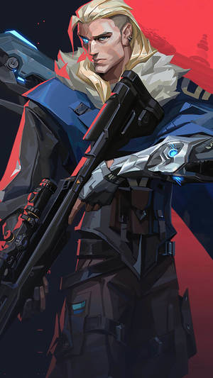 Blonde warrior in futuristic armor holding a sci-fi rifle against red background. — Hero Wallpaper