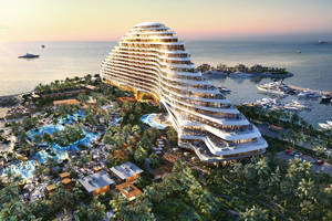 Luxury spiral hotel with pools and yachts at sunset — Hotel Wallpaper