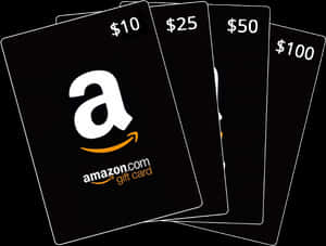 Neljä Amazon-lahjakorttia, jotka näyttävät arvot $10, $25, $50 ja $100. — Amazon Taustakuvat