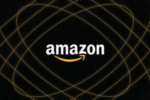 Logo Amazon avec des lignes orbitales dorées sur un fond noir étoilé. — Amazon Fonds d'écran