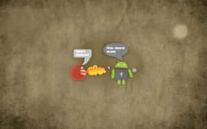 Cartoon apple and android mascot arguing with speech bubbles on textured background. — Android Apple Wallpaper