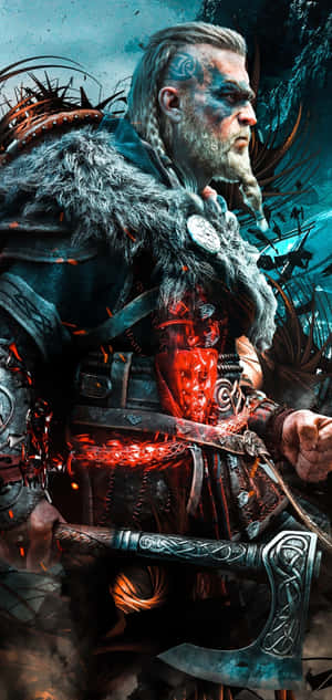 Prajurit Viking dengan baju besi merah bercahaya memegang kapak perang di cuaca badai. — Android Wallpaper