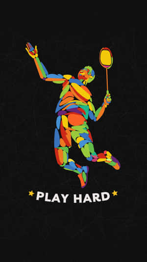 Kleurrijke geïllustreerde badmintonspeler die springt met racket en tekst play hard. — 9:16 Achtergronden