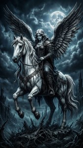Winged angel in armor riding a white horse under a full moon through stormy ruins. — Deftones Wallpaper
