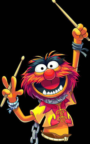 En glad tecknad Muppet-karaktär som håller trumpinnar och ler brett. — Dj Bakgrundsbilder