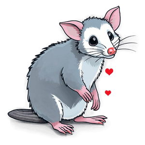 Un opossum de dessin animé avec une fourrure grise et des oreilles roses est assis avec deux cœurs rouges lumineux à proximité. — Pokimane Fonds d'écran