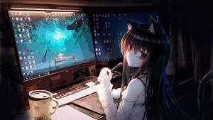 Fille anime avec des oreilles de chat et des yeux rouges dessinant à un bureau avec deux écrans et du café. — Streaming Fonds d'écran