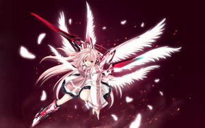 Anime-meisje met witte vleugels en rood zwaard vliegt door donker kastanjebruine lucht met gloeiende deeltjes. — Wings Achtergronden