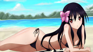 Chica anime con cabello negro y flor rosa descansando en una playa soleada. — Mar Fondos de pantalla